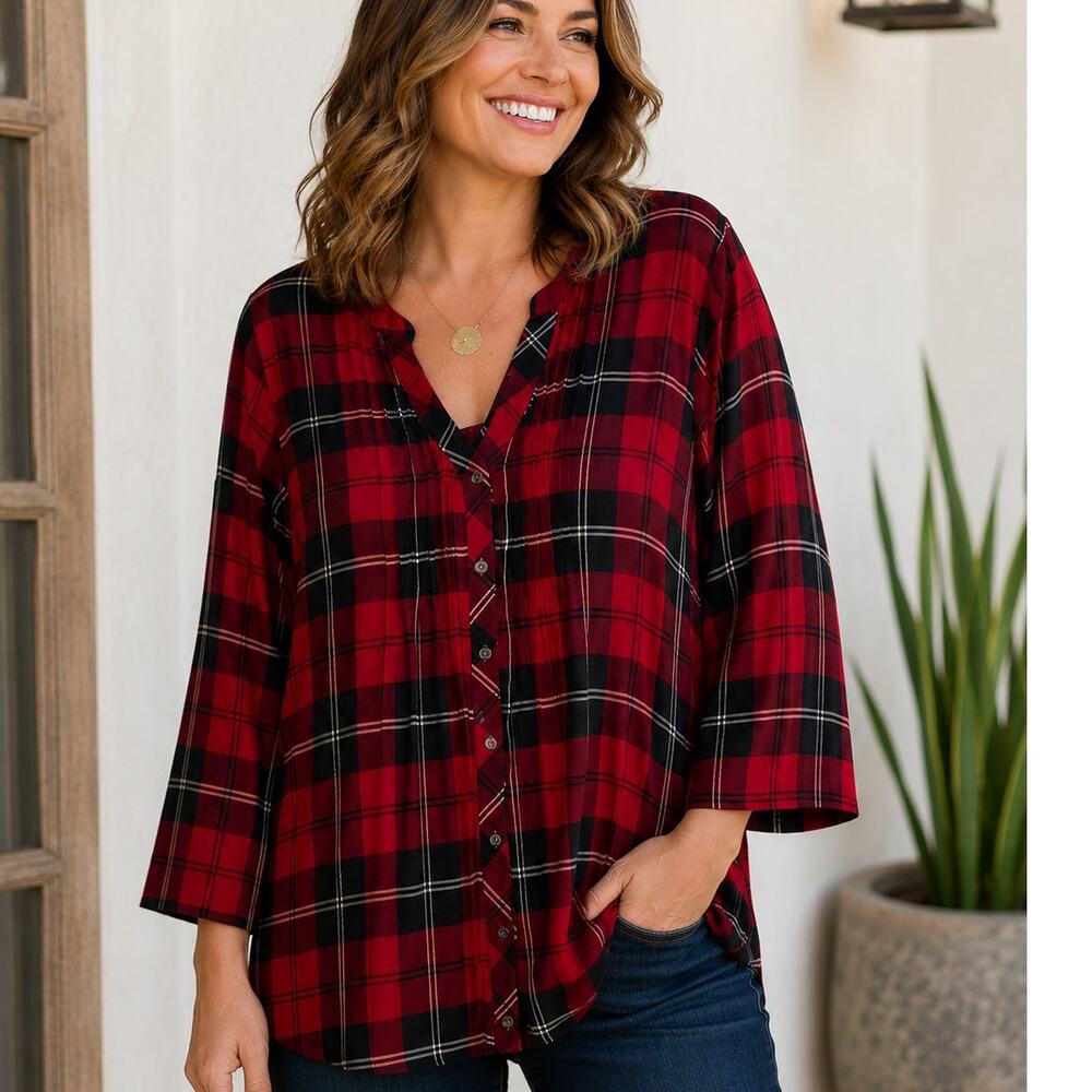 Avenue Longline Plaid Tunic Womens Size 18 Red Black Pintucked Button Top